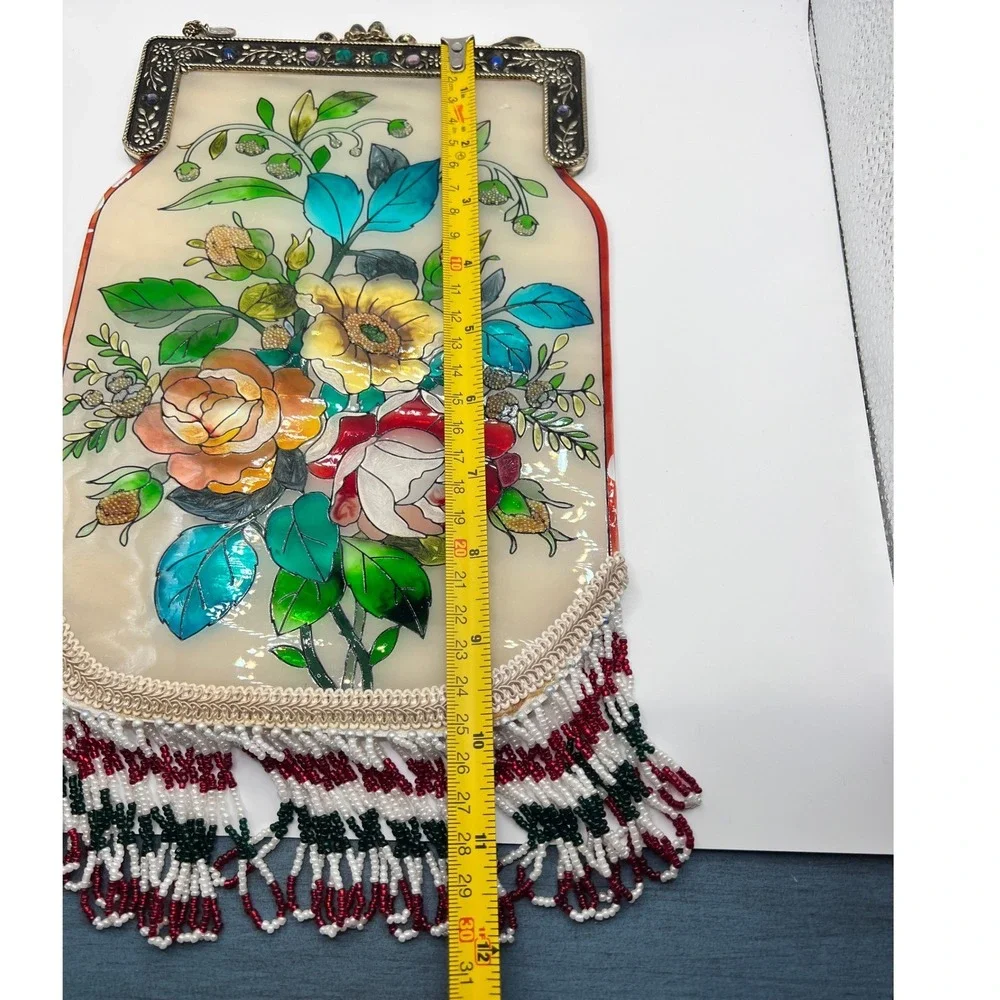 Amia Stained Glass Floral Evening Bag Small Multicolor Excellent Beaded Fringe